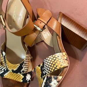Aldo Tan and Yellow Snake Print Block Heels